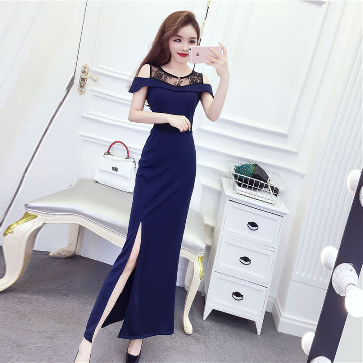 NEW Elegant Women Off Shoulder Split Long Prom Gown Lace+Chiffon