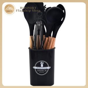 【HRFS】 12Pcs Kitchen Utensil Set Silicone Spatula Set Wooden Handle Cooking Tools Kit with Holder Non-Stick Spatula Set Spatula Spoon Brush Whisk for Kitchen