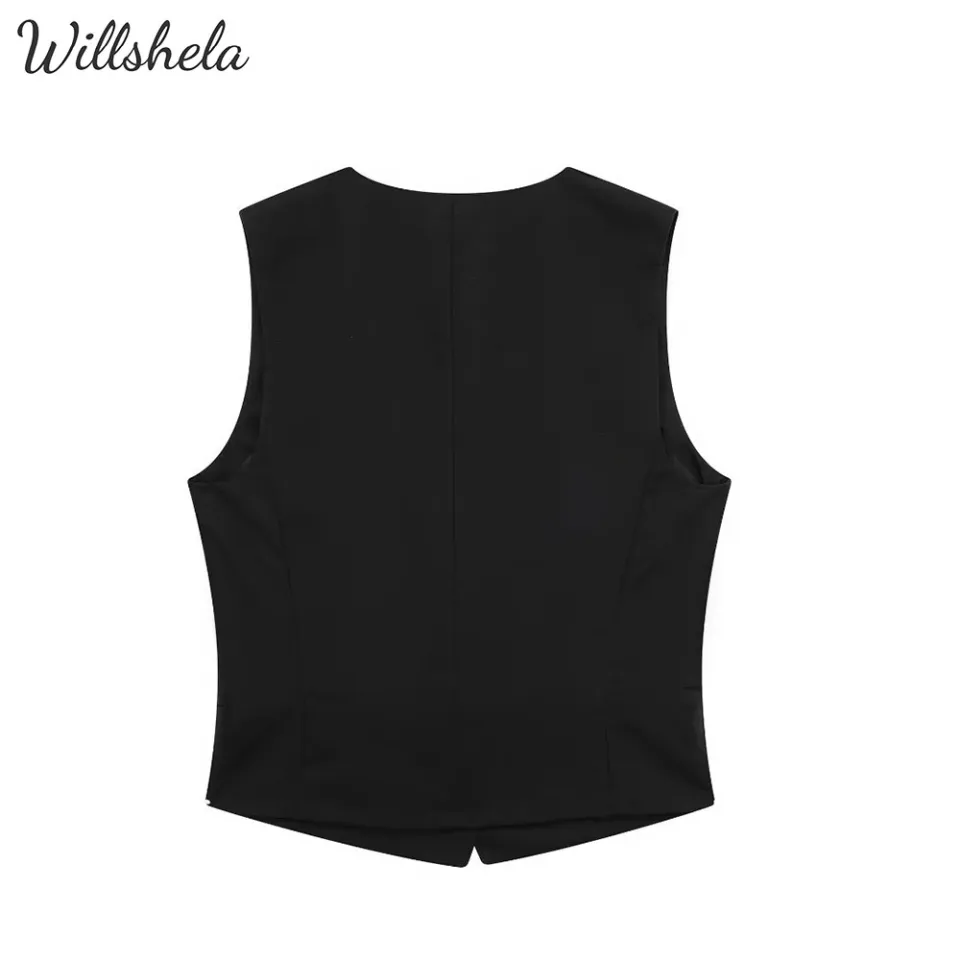 Willshela Women Fashion Plain Black Linen Vest V-Neck Sleeveless Female  Chic Lady Casual Business Basic Waistcoat