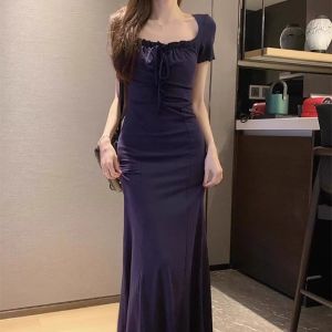 Yoohui QZ129 Gaun Wanita Slim Long Sleeve Dress Panjang Knit Maxi Dress Korean Fashion Style Kekinian Wanita Pakaian Dress / Dress Duyung Atasan Puffy murni hot girl T-shirt dress wanita musim panas tas pinggul mid-panjang rok pinggang ramping desain rok