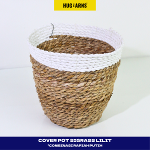 HUGeARNS - Cover Pot Bulat Sigrass Lilit Combinasi Rapiah Putih Besar / Cover Pot Anyaman Aesthetic Cover Vas Bunga Hias Cover Pot Bunga Anyaman / Cover Pot Anyaman Natural Ramah Lingkungan Anyaman Aesthetic Kerajinan Tangan Jogja / Pot Cover Anyaman Pot