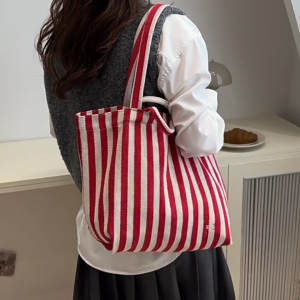 Women Canvas Bag Large Capacity Shoulder Bag Striped Handbag All-Matching Everyday Bag Students School Bag Shopping Bag