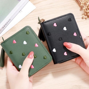 Cute Heart Mini Black Wallet for Women - Pink Inside Zipper Coin Purse w/ Tassel Compact Card Holder