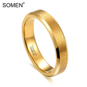 SOMEN 4mm Tungsten Carbide Ring for Men Women Beveled Edge Brushed Gold Wedding Band Size 4-12