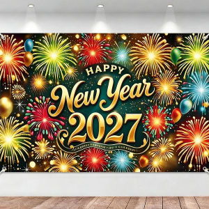4.9x3.3FT Happy New Year Backdrop Cloth Banner with Fireworks Pattern New Year Backdrop Background for Photoshoots New Year Eve Festival Party Decorations