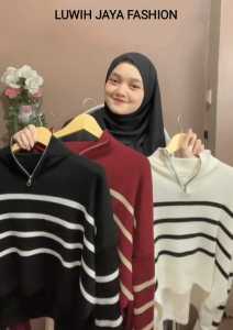 SWEATER ZIPPER STRIPED GARIS KNIT RAJUT PREMIUM KOREAN STYLE SIZE JUMBO - PAKAIAN BAJU ATASAN WANITA