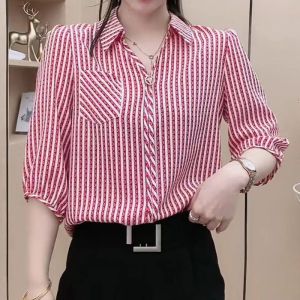 3 4 long sleeve ormal white POLO collar formal blouse for women plus size Ice Silk POLO Collar Blouse for Women Plus Size Summer Versatile Striped Three-quarter Sleeve Shirt blous