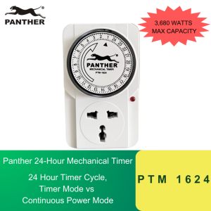 Panther PTM 1624 Compact Mechanical Timer 24-Hour Programmable 3680W Max Capacity 16A 230V - Durable Power Outlet Control