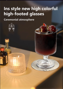 Highfooted Glass Cup Set: Vertical Pattern Milk Tea & Dessert Cups