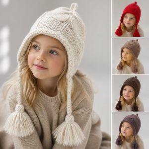 K9SEQ Thick Kids Knit Cap Warm Windproof Ear Protection Cap Cute Tassel Knitted Beanie Hat Winter