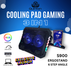 Quinton S900 kipas laptop gaming cooling pad 2 fan led RGB rainbow 3 in 1 untuk semua laptop