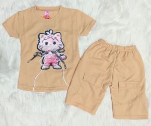 Joykids Setelan Anak Perempuan Cargo Sticker Cute Cat Karakter / Set Anak Perempuan Cargo Kantong Celana