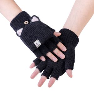 RGFV Winter Cute Outdoor Car Ear Solid Color Keep Warm Womens Gloves Flip Cover Gloves Thick Mittens Half Finger Gloves