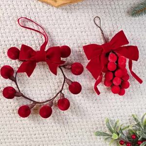 Sacesr Red Fabric Velvet Bow Christmas Ornament Wreath Shape Hanging Christmas Pom Pom Pendant Grape Shape H5K8Q