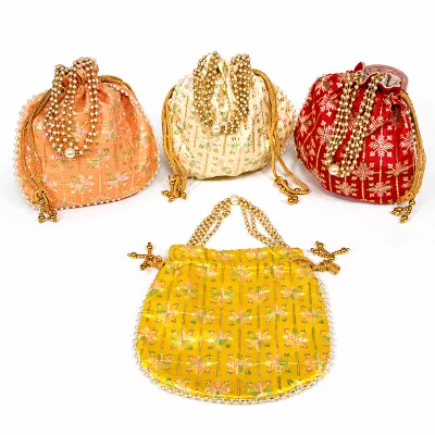 Traditional Embroidered Potli Bags with Pearl Handle | Ethnic Drawstring Pouch for Wedding Return Gifts & Festive Use (Multi Design | Pack of 1 Pc)