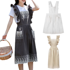 Cotton Linen Lace Trim Ruffle Apron for Kitchen Gardening Craft Vintage Adjustable Straps Pinafore Dress with Pockets