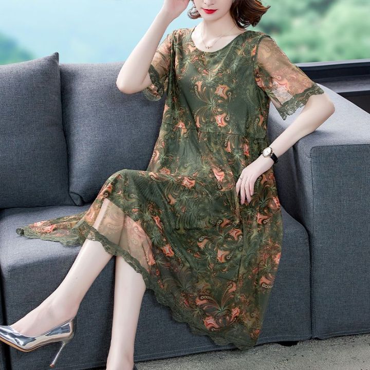Plus Size Dress for Women Chubby Floral Print Short Sleeve Mesh Lace