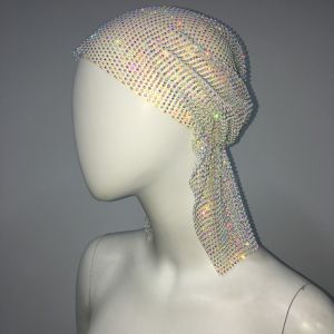 LANGJ Crystal Rhinestone Bandana Vintage Turban Aurora Borealis Hair Band Elegant Hip Hop Fishnet Headscarf