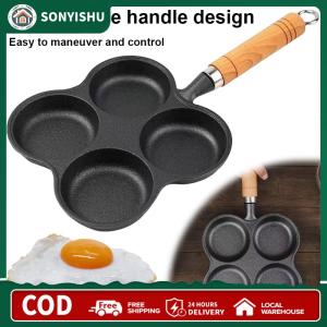 【New Arrival】 4-Hole Breakfast Burger Egg Pancake Maker Wooden Handle Non Stick Frying Pot Multifunction Hamburger Steak Pan Suitable for Gas Stove Induction Cooker