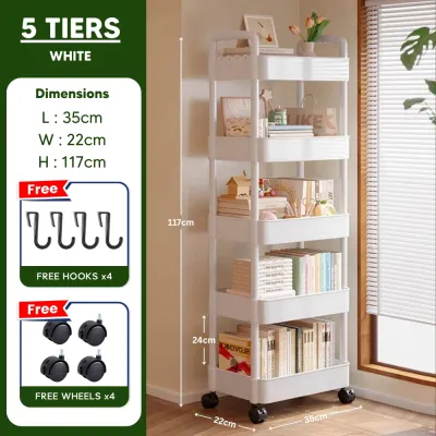 𝗨𝗥𝗕𝗔𝗡𝗛𝗢𝗠𝗘𝗦 3 / 4 / 5 Tier Multifunctional Storage Trolley Rack with Wheels | Rolling Utility Cart Organizer Shelf for Home Kitchen Bathroom Office Movable Space-Saving Rack with Plastic Baskets Lockable Wheels for Easy Access Organizationt