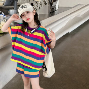 Kids Girl Summer Cotton Rainbow Stripe T-shirt And Shorts Clothing Set Children Fashion Street Style Clothes Suit 2PCS Tracksuit H260702
