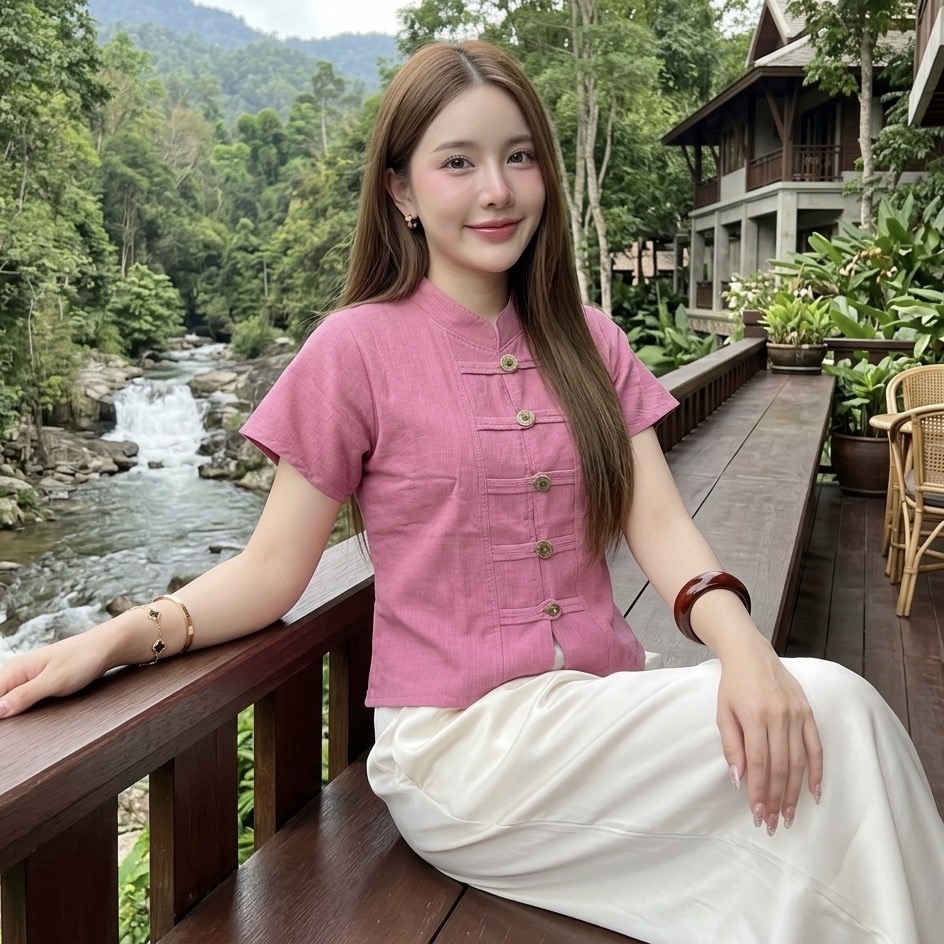 เสื้อคอจีนแขนสั้นกระดุมเหรียญ ผ้าฝ้ายชินมัย ทรงสวย ใส่สบาย ไซส์ใหญ่ก็ใส่ได้ มุมมองที่ 2