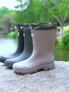 Men Rain Boots Waterproof Rain Boots Mid Calf Slip On Shoes Thick Sole Anti Slip Outdoor Garden Work Shoes Durable Plus Size