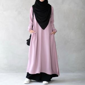 Tunik Midi Casual Warna Solid dengan Kerah Bulat - Bahan Lembut