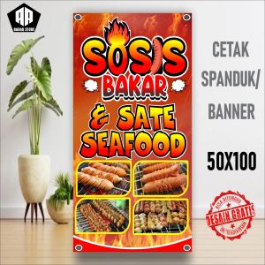 Cetak Banner Cetak Spanduk SOSIS BAKAR DAN SATE SEAFOOD 50X80 BISA REQUEST