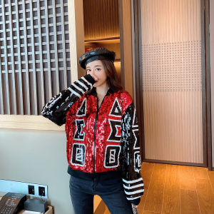 la Thương Hiệu Sành Điệu Thái Lan 2024 Áo Khoác Ngắn Cổ Đứng Trào Lưu Mẫu Mới Áo Khoác Thể Thao Dài Tay Đính Sequin Trang Phục Bóng Chày Nữ