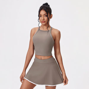 Womens Sportswear Sports Tank Top + Skirt 1 Set Threaded Nude Yoga Set Contrast Color Back-Enhancing Tights Womens Tennis Skirt Sports Fitness Set