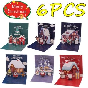 SWEET 6Pcs/Set ซองใส่ของ การ์ดสุขสันต์วันคริสต์มาสแบบพับได้ โปสการ์ดขนาดกลาง พรพรพร การ์ดป๊อปอัพคริสต์มาส สะดวกสบายๆ ต้นคริสมาสต์ การ์ดอวยพรปีใหม่ ของตกแต่งวันคริสต์มาส