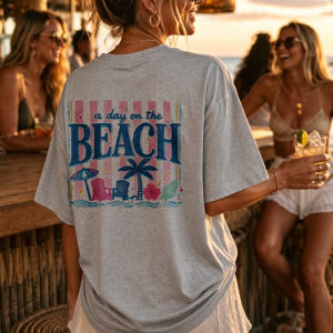 [Local Stock] HBESTY  A Day on The Beach Graphic Cotton Tee Summer Vacation Shirt Beach Shirt for Women Coastal Vibes Tees Tropical Beach T-Shirt
