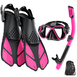 Mask Fin Snorkel Set Snorkeling Gear for Adults with Panoramic View Anti-Fog Mask Trek Fins Dry Top Snorkel and Gear Bag