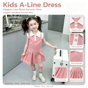 AILEBE Kids Dresses Sleeveless Color Block A-Line Dress Elegant Collar Loose Cuffs Soft Breathable Sweat-Absorbing Summer Wear Fashionable Classic Design OOTD Pambahay For Baby Girls 0-13 Years Perfect For Daily Birthday Partie