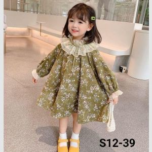 X BABY Dress Anak Perempuan Lengan Panjang Gaun Anak Cewek Motif Bunga Katun Kerah Renda 1-4 Tahun