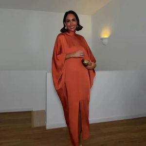 Elegant Womens Satin Maxi Dress Loose Round Neck Batwing Sleeves Lace Up Slit Long Female Dresses 2026 Autumn Lady Party Robes2026