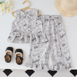 ชุดเสื้อผ้าสไตล์จีนเด็กผู้หญิง3-7ขวบเสื้อกั๊กแขนกุดพิมพ์ลายหมึก + กางเกงลายลูกไม้ชุด2ชิ้นแฟชั่นชุดลำลองเด็ก
