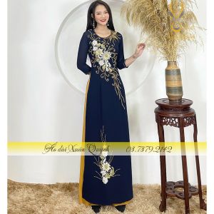 Áo Dài Đính Kết Đám Cưới Sui Gia Đính Pha Lê Hoa Thêu Sang Trọng 4 Tà M07 Xanh Than - Áo Dài Xuân Quỳnh