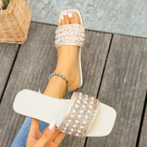 Free Shipping Plus-Size Flat Sandals For Women Casual And Simple Design With Rhinestone And Pearl Embellishments One-Strap Style