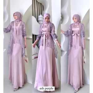 Dress Aurora Fuji Set 2 in 1 Gamis Inner Satin Silk Velvet Kombinasi Outer Cardigan Brokat Payet Mutiara Outfit Kondangan Bridesmaid Wisuda Pesta Pernikahan Kekinian