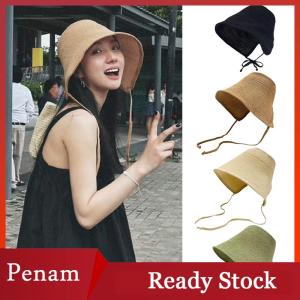 [PAM] Linen Straw Regency Bonnets Hats For Women Sun Hats Bow Beach Cap Big Wide Brim Cloche Hat Chapeau Femme Lace Up Outdoor Summer