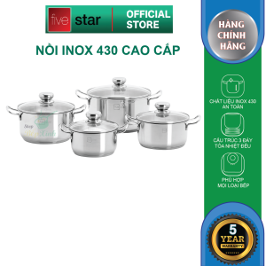 Bộ nồi 3 đáy inox 430 FiveStar Standard 4 món nắp kính FS08CGsử dụng bếp từ( 1 nồi 16cm x 1 nồi 18cm x 1 nồi 20cm x 1 nồi 24cm ) tặng 1 vá canh