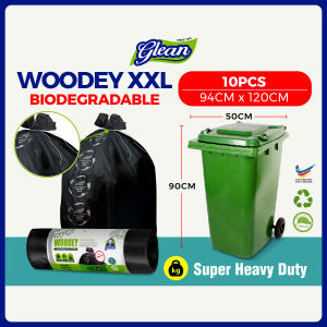 GLEAN - WOODEY XXL size Eco Garbage Bag Biodegradable Garbage Bag Roll with Rope / Eco Friendly Rubbish Bag for CNY Spring Cleaning Industrial Outdoor / LEAKPROOF Strong Heavy Duty Extra Large Rubbish Bag / Plastik Sampah Bertali Biodegradasi 环保垃圾袋