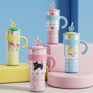 ALLUCK Cartoon Insulated Cup 700ML/1200ML Stainless Steel Water Bottle Large Capacity Drinking Straw Cup