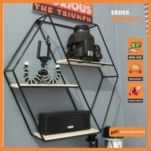 TERLARIS! Rak Dinding Besi Minimalis Dekorasi Hiasan Kamar Tidur Ruang Tamu Ambalan Kayu Tempel Pajangan Ornamen Rumah