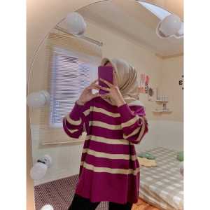Maudy Sweater Rajut Garis - Knit Rajut Oversize Korean Style
