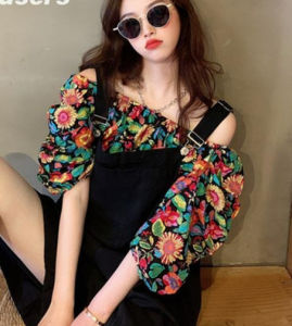 DSF Studio one-word collar off-the-shoulder floral shirt girlish feeling summer loose and thin Hong Kong style fat mm bubble short-sleeved chiffon top