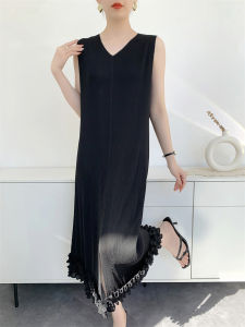 L-980F# One Size (45-75kg) Summer V-Neck Sleeveless Mid-Length Vest WomenS Lace Pleated Dress