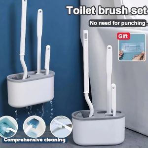 Ergonomic Silicone Toilet Brush Set with Wall-Mounted Holder and Deep Cleaning Features